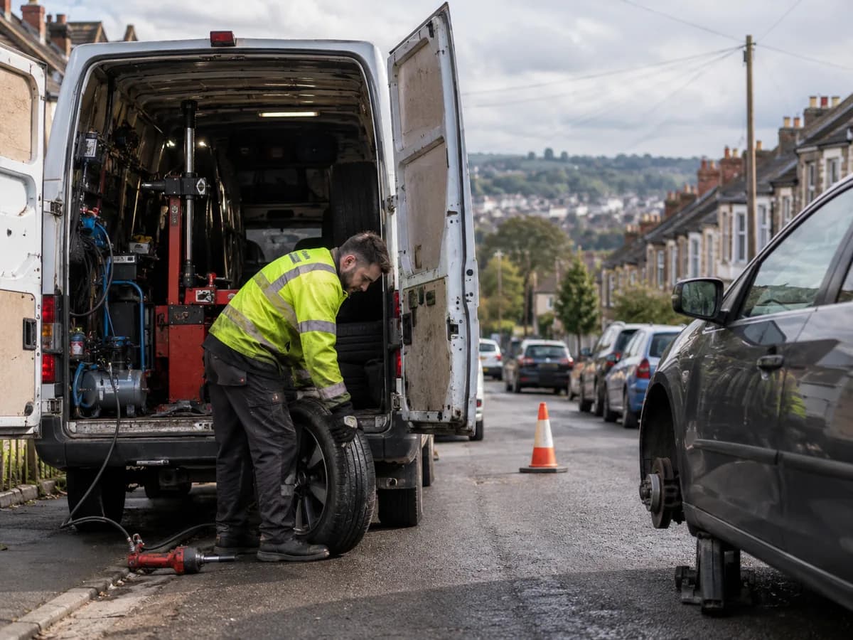 UK mobile tyre fitting technician safely installing a tyre roadside